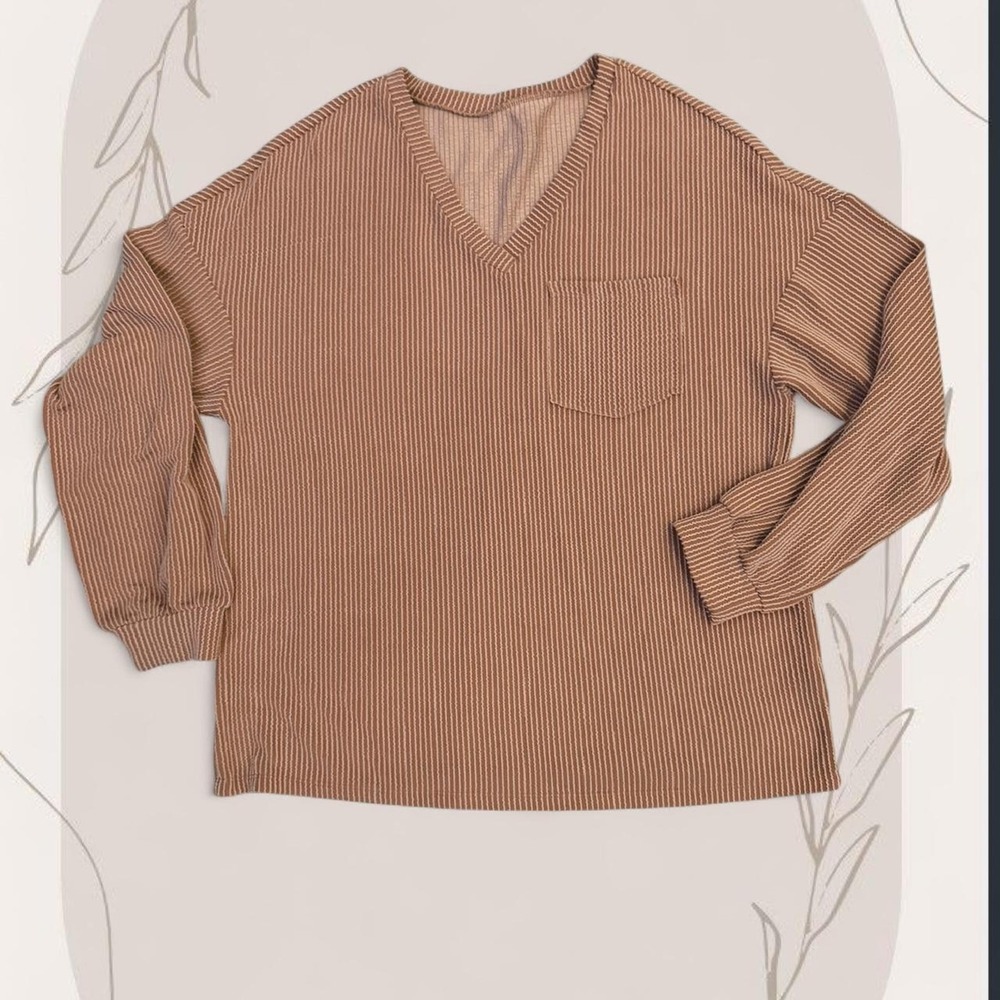Womens Brown Pinstripe V-Neck Knit Top Oversized Long Sleeve Pocket Pullover L